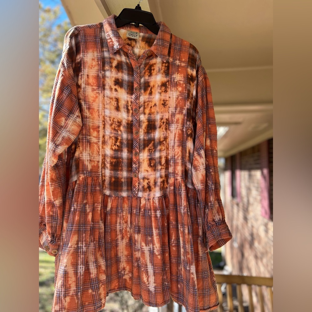 Bleached Plaid 1/2 Button-Up Dress in Orange and Brown with a blue pin stripe